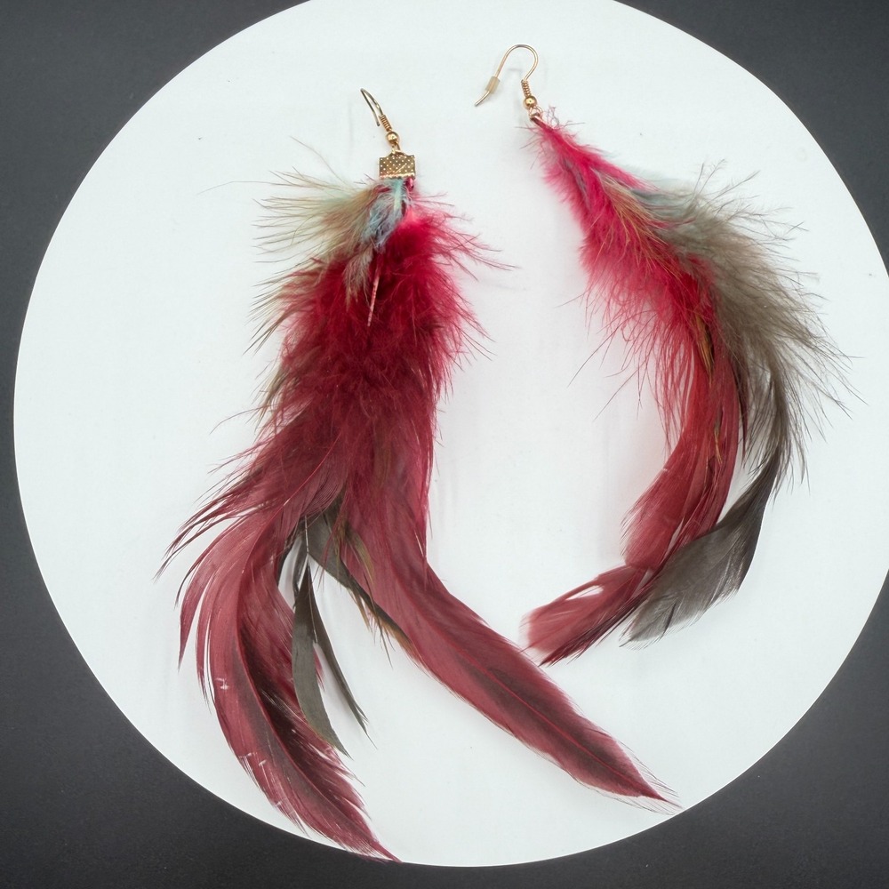 Red Gray Feather Dangle Earrings Boho Festival Statement Vintage Coquette Gift